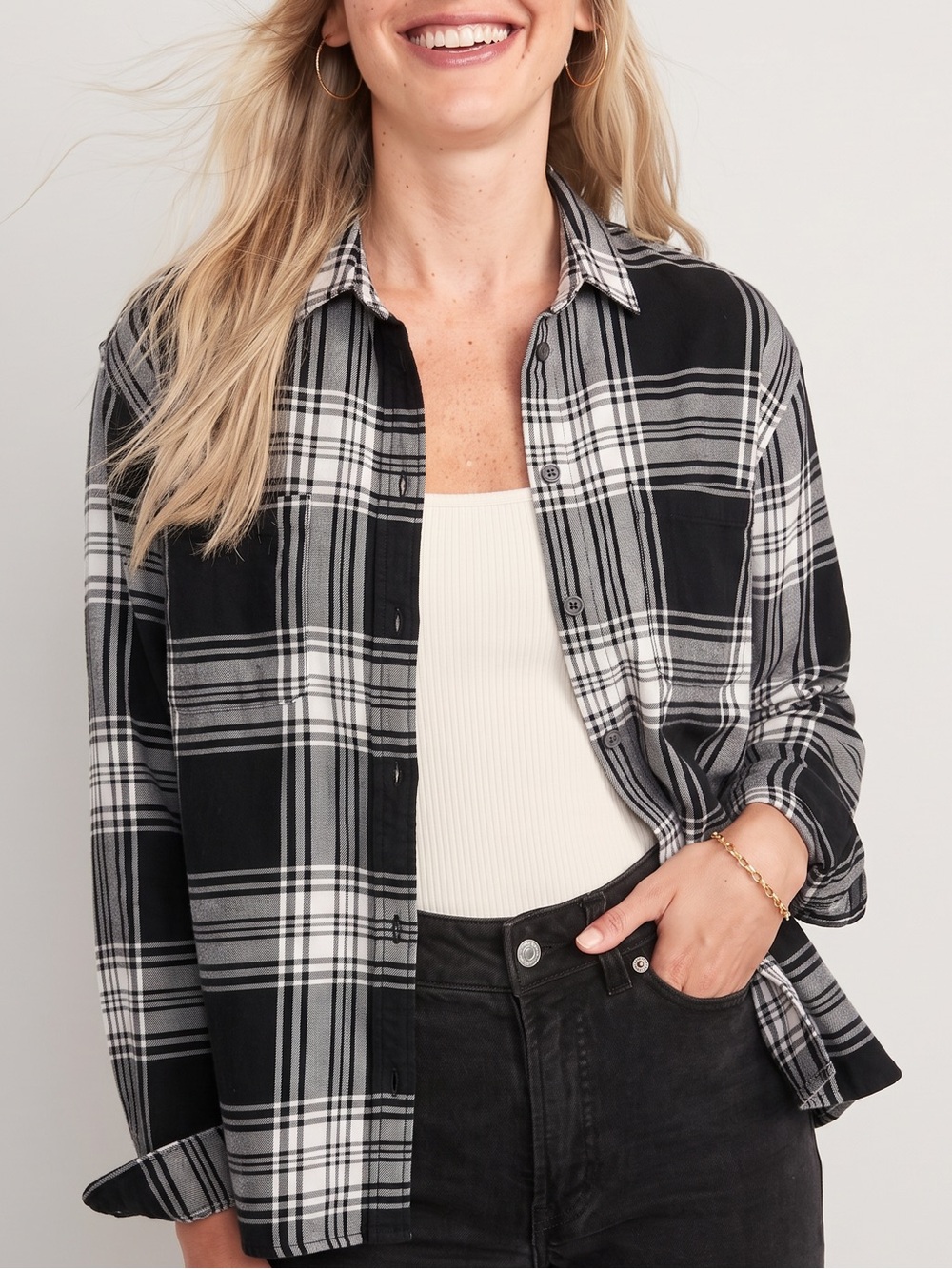 Old Navy Black White Plaid Flannel Button Down Cabincore Size S